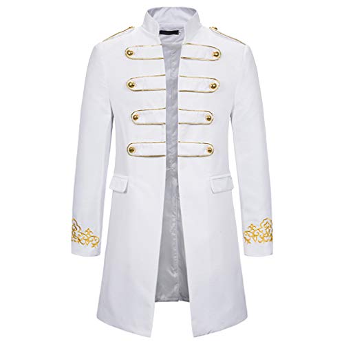 AmyGline Steampunk Herren Mantel Vintage Frack Jacke Gothic Smocking Gehrock Stehkragen Anzug Abendkleid Uniform Gestickter Knopf Mäntel Cosplay Kostüm (Weiß, XL) von AmyGline