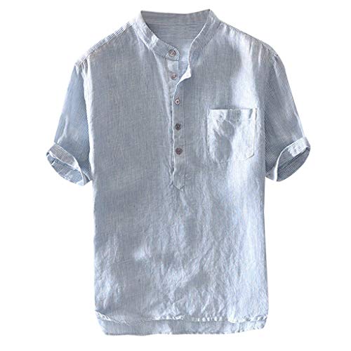 AmyGline T Shirt Herren Leinenhemd Kurzarm Stehkragen Button Down Tasche Gestreift Bluse Top Baumwolle Leinen Shirt Männer Henley Freizeithemd Sommer Hemd von AmyGline