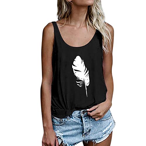 AmyGline Tank Top Damen mit Federdruck Ärmelloses T Shirt Oberteile Weste Crop Tops Tanktops Teenager Mädchen Frauen Tunika Bluse T-Shirt Basic Sporttop Oberteil von AmyGline