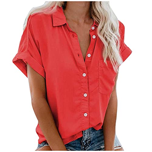 Damen Bluse Sommer Hemd Kurzarm mit Brusttasche Sommerhemd T Shirt Knopfleiste Revers Lässig Arbeitshemd Sommerbluse leicht locker Hemdbluse Tops Blusen & Tuniken für Damen von AmyGline