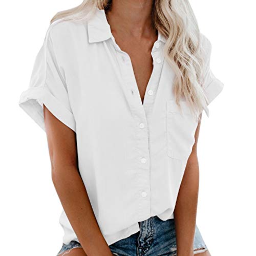 Damen Bluse Sommer Hemd Kurzarm mit Brusttasche Sommerhemd T Shirt Knopfleiste Revers Lässig Arbeitshemd Sommerbluse leicht locker Hemdbluse Tops Blusen & Tuniken für Damen von AmyGline