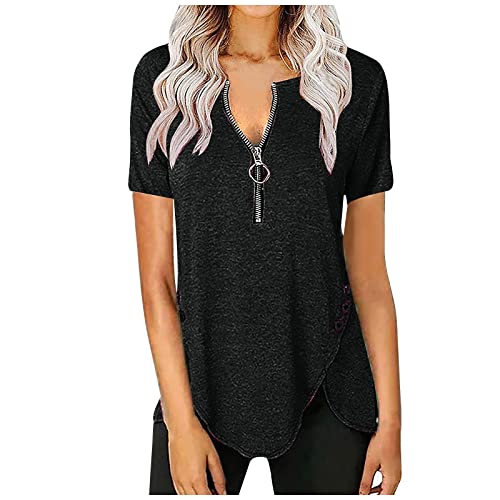 Sommer Oberteile Damen Kurzarm Asymmetrische T-Shirt Damen mit Reißverschluss Knöpfen Bluse Elegant Solide Longshirt Locker Lässig Tshirt Tunika Große Größen Tops T-Shirts & Blusen für Frauen von AmyGline