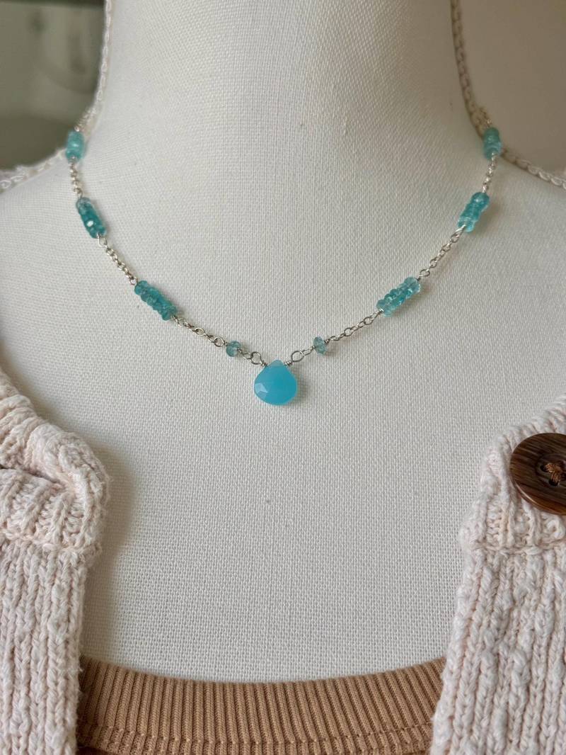 Aqua Chalcedon Und Apatit Halskette | Sterling Silber Edelstein Boho-Stil Sommer Stil Beachy Draht Gewickelt von AmyGrussJewelry