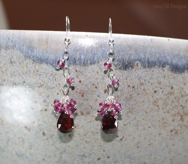 Granat Ohrringe, Rhodolith Granat, Sterling Silber Kette, Schmuck, Januar Geburtsstein, Rot Rosa Cluster Edelstein Schmuck von AmyJillDesigns