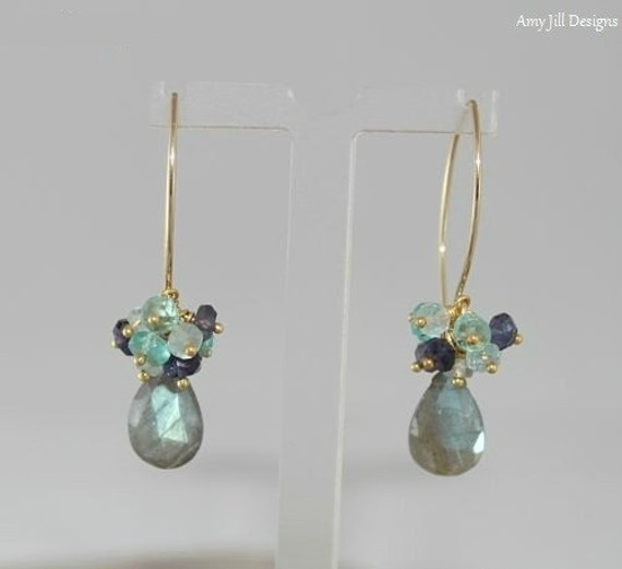 Labradorit Ohrringe, Aquamarin, Iolith Apatit Cluster, Schmuck, Gold Filled, Graublauer Blitz, Edelsteinschmuck von AmyJillDesigns