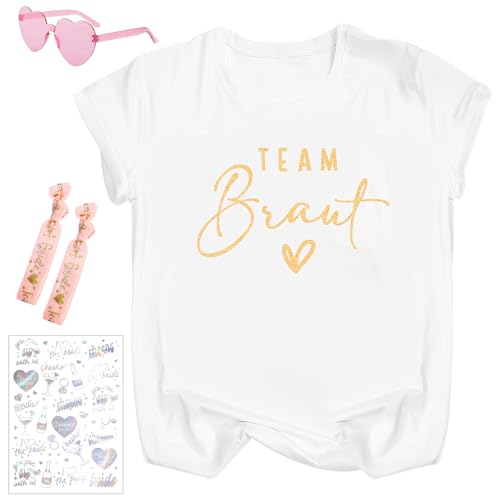 Amycute JGA Shirt Frauen, Team Braut Shirt, Junggesellenabschied Frauen T-Shirt, JGA Aaccessoires, Team Bride Brautjungfer T-Shirt (DE/NL/SE/PL, Alphanumerisch, S, Regular, Regular, Weiß) von Amycute