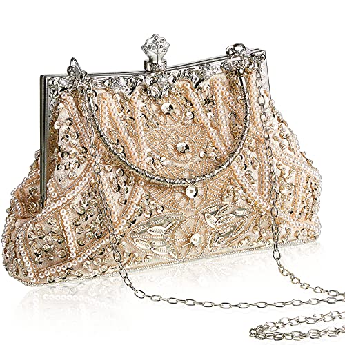 Amylove Clutch, Abendtasche im Stil der 1920er-Jahre, Vintage-Stil, mit Perlen, für Braut, Hochzeit, Gäste, Geschenk, Geldbörse, Abschlussfeier, Abschlussball, Party, Clutch, Champagner von Amylove