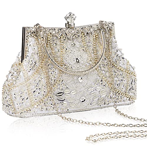 Amylove Clutch, Abendtasche im Stil der 1920er-Jahre, Vintage-Stil, mit Perlen, für Braut, Hochzeit, Gäste, Geschenk, Geldbörse, Abschlussfeier, Abschlussball, Party, Clutch, silber von Amylove