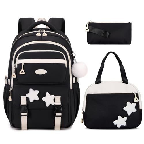 Amythe Schulranzen Mädchen Set, 3-teilig Lässig Rucksack für Mädchen 2. bis 5. Klasse mit Lunchpaket Mäppchen, Mehrere Fächer Schulrucksack Teenager, Kinder Schultasche, Schwarz von Amythe