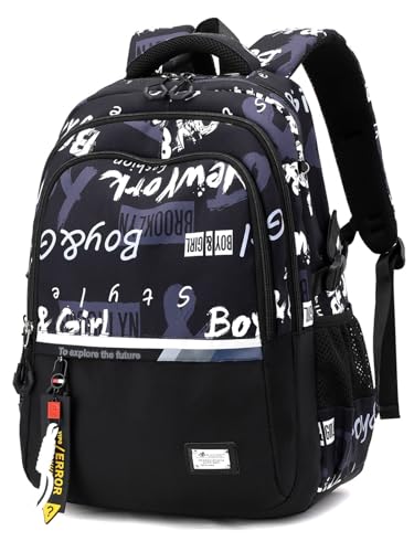 Amythe Schulrucksack Jungen Rucksack Teenager – Stylischer Wasserdichter Lässiger Daypack Groß Schulranzen für Jungen Mädchen Mittelschulen und Gymnasien Hochschulen, Ideal für Schule Reisen, Schwarz von Amythe