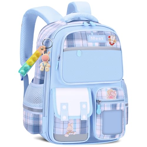 Amythe Schulrucksack Mädchen 1-6 Klasse, 2025 Rucksack Schule Kinder Kawaii Schulranzen Ergonomisch mit Brustgurt Reflektierend, Schultasche 6-12 Jahre Wasserabweisend und Leicht 24L-Blau von Amythe