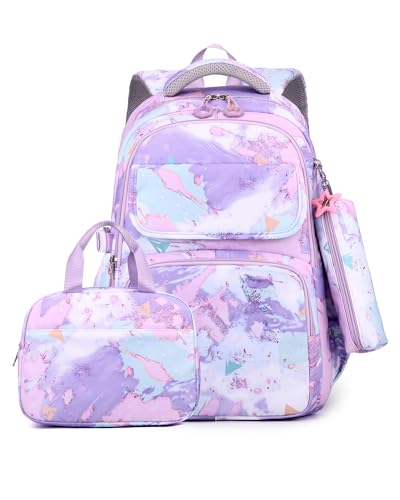 Amythe Schulrucksack Mädchen 3 Teilig, Rucksack Schule Teenager, Grundschule Mittelschule Schultaschen-Set Lunchtasche Federmäppchen, Kinderrucksack Schulranzen für 3-9 Klasse, Lila von Amythe