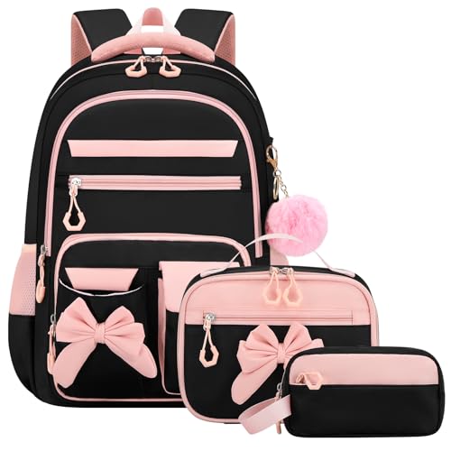 Amythe Schulrucksack Mädchen 3 Teilig, Schulranzen Kawaii 3. bis 7. Klasse mit Lunch Tasche Federmäppchen Gymnasium Fliege Dekoration mit Anti-Diebstahl-Tasche 24L-Rosa Schwarz von Amythe