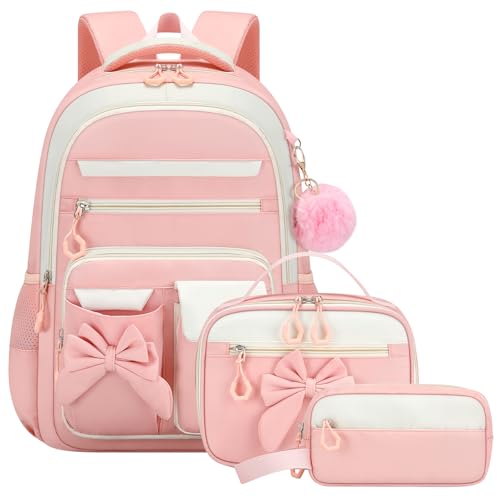 Amythe Schulrucksack Mädchen 3 Teilig, Schulranzen Kawaii 3. bis 7. Klasse mit Lunch Tasche Federmäppchen Gymnasium Fliege Dekoration mit Anti-Diebstahl-Tasche 24L-Rosa Weiß von Amythe