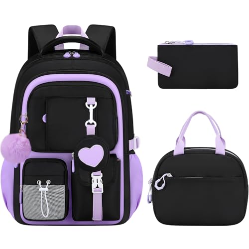 Amythe Schulrucksack Mädchen 3 Teilig, Schulranzen Kawaii 3. bis 7. Klasse mit Lunch Tasche Federmäppchen Gymnasium mit Anti-Diebstahl-Tasche 23L-Schwarz von Amythe