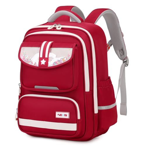 Amythe Schulrucksack Mädchen Ergonomisch 1-4. Klasse mit Brustgurt, 2025 Kinderucksack Schule Kawaii 6-10 Jahre Schulranzen mit Reflektierend Wasserabweisend 21L-Rot von Amythe