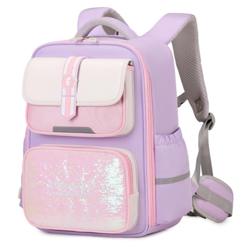 Amythe Schulrucksack Mädchen Jungen Ergonomisch 1-4. Klasse mit Brustgurt, 2025 Rucksack Schule Kinder 6-10 Jahre Schulranzen mit Abnehmbarer Gürtel und Reflektierend-Lila von Amythe