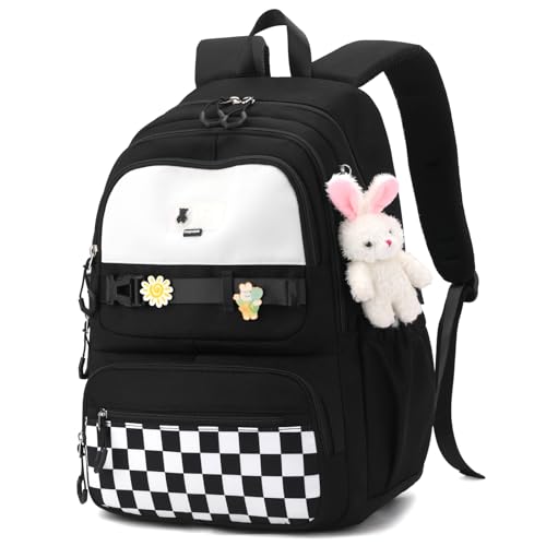 Amythe Schulrucksack Mädchen Rucksack Schule Teenager mit Niedlichem Anhänger, Leichter Wasserdicht Daypack, 29 Liter Modisch Schultasche Mädchen für Schule oder Reisen -Schwarz von Amythe