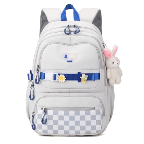 Amythe Schulrucksack Mädchen Rucksack Schule Teenager mit Niedlichem Anhänger, Leichter Wasserdicht Daypack, 29 Liter Modisch Schultasche Mädchen für Schule oder Reisen -Weiß von Amythe