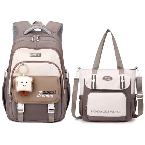 Amythe Schulrucksack Mädchen Set, Schulranzen für Mädchen der 3. bis 7. Klasse, 36L Schultasche Mädchen mit Umhängetasche, Lässiger Rucksack Teenager Daypack mit Anhängern, Braun von Amythe