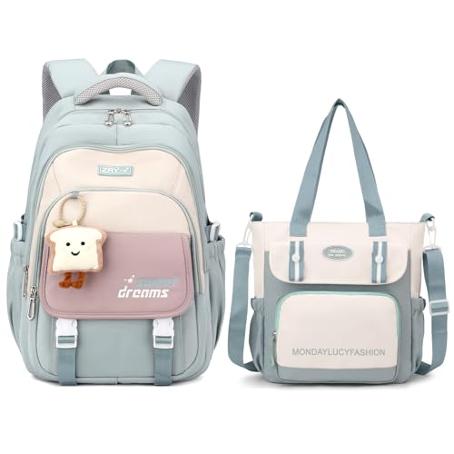 Amythe Schulrucksack Mädchen Set, Schulranzen für Mädchen der 3. bis 7. Klasse, 36L Schultasche Mädchen mit Umhängetasche, Lässiger Rucksack Teenager Daypack mit Anhängern, Grün von Amythe