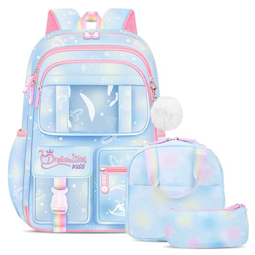 Amythe Schulrucksack Mädchen Set 3 in 1 mit Lunchtasche Federmäppchen, 2025 Rucksack Schule Kinder 3 Teilig Schulranzen mit Brustgurt Reflektierend, Schultasche Kawaii Wasserabweisend 26L-Blau von Amythe