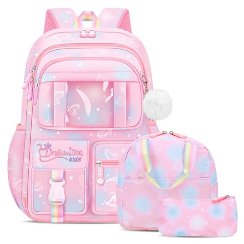 Amythe Schulrucksack Mädchen Set 3 in 1 mit Lunchtasche Federmäppchen, 2025 Rucksack Schule Kinder 3 Teilig Schulranzen mit Brustgurt Reflektierend, Schultasche Kawaii Wasserabweisend 26L-Rosa von Amythe