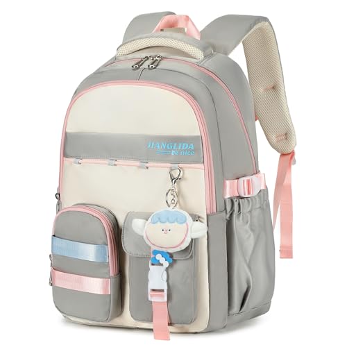Amythe Schulrucksack Mädchen, Stilvolle Rucksack für Kinder Teenager 3. - 9. Klasse, Lässiger Mädchen Schultasche Nylon Ranzen mit Kawaii Anhänger, Grau von Amythe