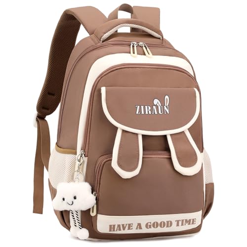 Amythe Schulrucksack Mädchen Teenager, Leichter Wasserdichter Daypack mit Niedlichem Anhänger, Schulranzen für Mädchen 3-5. klasse und Sekundarstufe, Großer Rucksack Teenager -Braun von Amythe