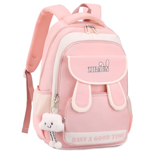 Amythe Schulrucksack Mädchen Teenager, Leichter Wasserdichter Daypack mit Niedlichem Anhänger, Schulranzen für Mädchen 3-5. klasse und Sekundarstufe, Großer Rucksack Teenager -Rosa von Amythe