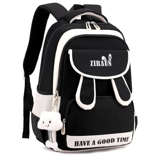 Amythe Schulrucksack Mädchen Teenager, Leichter Wasserdichter Daypack mit Niedlichem Anhänger, Schulranzen für Mädchen 3-5. klasse und Sekundarstufe, Großer Rucksack Teenager -Schwarz von Amythe