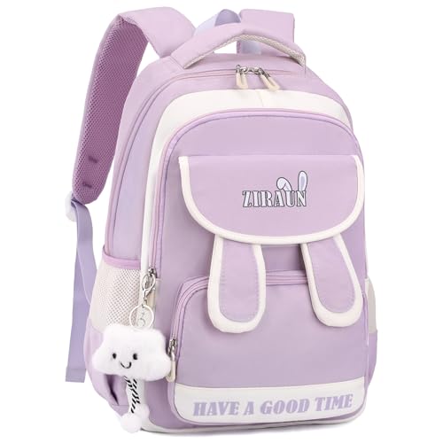 Amythe Schulrucksack Mädchen Teenager, Leichter Wasserdichter Daypack mit Niedlichem Anhänger, Schulranzen für Mädchen 3-5. klasse und Sekundarstufe, Großer Rucksack Teenager -Violett von Amythe