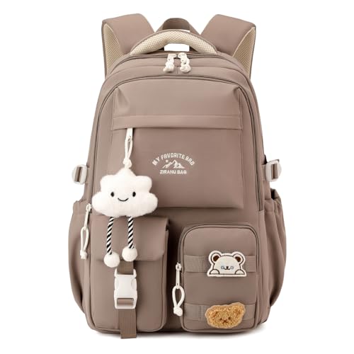 Amythe Schulrucksack Mädchen Teenager, Schulranzen Mädchen Großer mit Vielen Fächern, Lässiger Rucksack Schule mit Süßen Anhängern und Abzeichen für Mädchen 3. bis 7. Klasse, Braun von Amythe