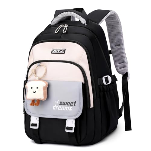 Amythe Schulrucksack Teenager - 36L Schulranzen für Mädchen ab 5. Klasse, Großer Rucksack für Mittel- und Oberstufe, Lässiger Kinderrucksack mit Süßem Anhänger und Trolleyband, Schwarz von Amythe