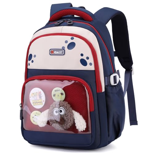 Amythe Schultasche Jungen, Schulranzen für Jungen 1. - 3. Klasse, Atmungsaktiv Kinderrucksack, Großer Rucksack Kindergarten Jungen Mit Süßen Puppen und Abzeichen,Rot von Amythe