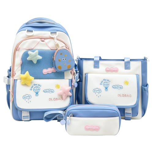 Amythe Set Schulrucksack Mädchen 3 Teilig, 2025 Schulranzen 3-7. Klasse mit Umhängetasche Federmäppchen Oberstufe für Schule Reisen, Schultasche Casual-Blau von Amythe