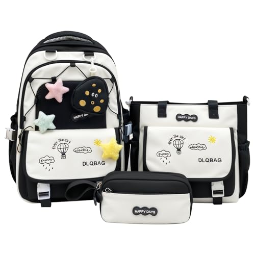 Amythe Set Schulrucksack Mädchen 3 Teilig, 2025 Schulranzen 3-7. Klasse mit Umhängetasche Federmäppchen Oberstufe für Schule Reisen, Schultasche Casual-Schwarz von Amythe