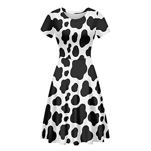 AmzPrint Damen Schwarz und Weiß Kuh Print Kleid Lustige Milch Kuh Motto Party Kostüm Mini Swing Tunika Sonnenblume Blumenkleid, Kuhmuster, XX-Large von AmzPrint