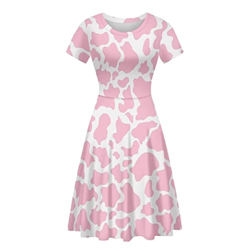 AmzPrint Damen Schwarz und Weiß Kuh Print Kleid Lustige Milch Kuh Thema Party Kostüm Mini Swing Tunika Sonnenblume Floral Kleid, Rosa und weißer Kuhaufdruck, 4X-Groß von AmzPrint