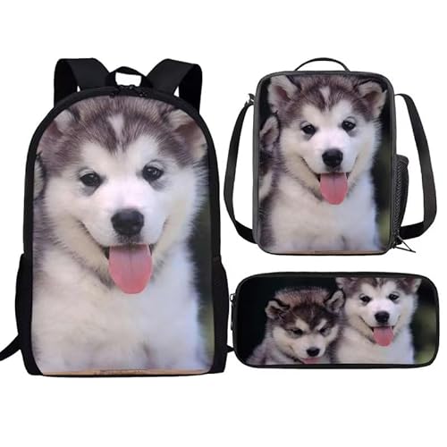 Amzbeauty 3-in-1 Roter Panda-Büchertaschen-Set für Jungen und Mädchen, Kinder, Schulanfang, roter Panda-Rucksack mit Lunchbox für Grundschule, Husky-Hund von Amzbeauty