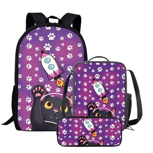 Amzbeauty 3-teiliges Rucksack- und Lunchbox-Set für Mädchen, Rucksack-Set für Grundschule, Mittelschule, Büchertasche mit Lunchbox, schwarze katze Amzbeauty 3-teiliges Rucksack- und Lunchbox-Set für Mädchen, Rucksack-Set für Grundschule, Mittelschule, Büchertasche mit Lunchbox, schwarze katze von Amzbeauty