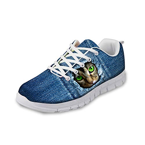Amzbeauty Atmungsaktive Damen-Sneaker mit Tiermotiv, Schlupfschuhe, flache Loafers, Katzen- und Hunde-Aufdruck, in Denim-Taschen, Blau - Muster 10 - Größe: 37 EU von Amzbeauty