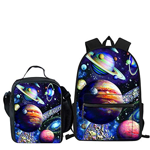 Amzbeauty Coole Dinosaurier-Rucksäcke mit Wolfsdruck und Lunch-Taschen für Kinder, Jungen, Mädchen, Schulbüchertaschen-Sets, Cool Galaxy Planet, 39,6 cm, Schulranzen-Set von Amzbeauty