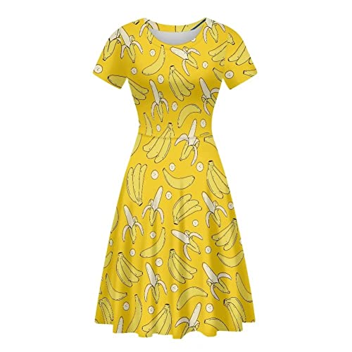 Amzbeauty Damen Schwarz Weiß Kuh Print Kurzarm Kleid Sommer Casual A-Linie Mini Swing Kleider für Frauen Party, banane, L von Amzbeauty