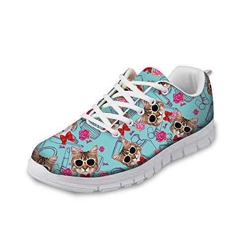 Amzbeauty Damen Sneaker bequem Outdoor Walking Running Sport Schuhe für Teenager Mädchen Niedliche Katzen Druck, Blau - Süße Katze 4 - Größe: 40 EU von Amzbeauty