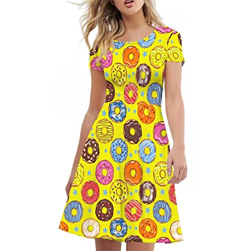 Amzbeauty Damen Western Aztec Boho Tribal Kleid Sommer Casual Tradition Fit und Flare A-Linie Midi Vintage Kleid Weiß, Donuts, L von Amzbeauty