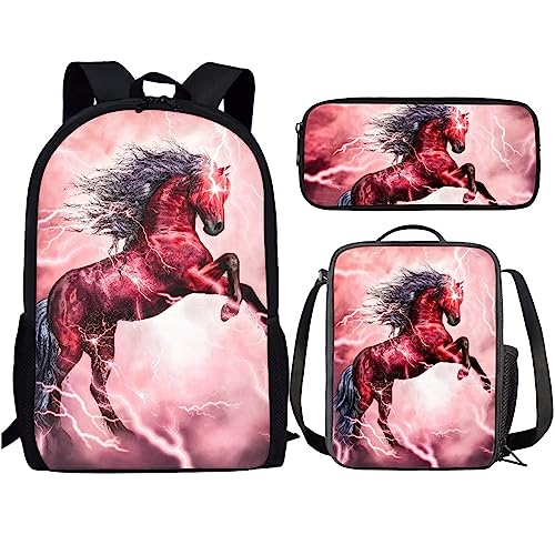 Amzbeauty Flash Red Horse Rucksack und Lunchtasche Set für Mädchen mit Federmäppchen für elementaren Rucksack Kinder Büchertasche Set von Amzbeauty