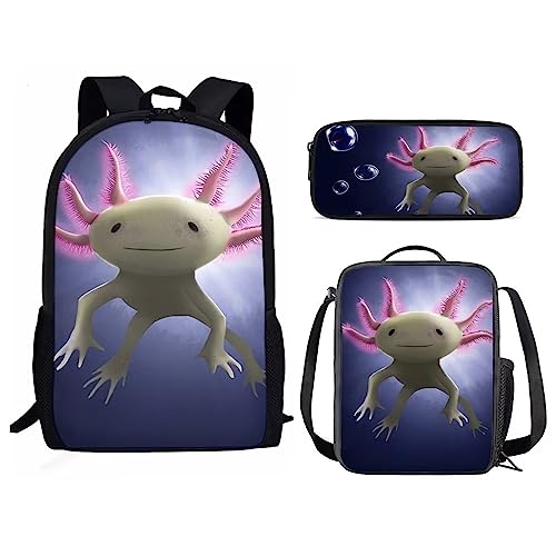 Amzbeauty Fox Rucksack und Lunchbox für Kinder Jungen Mädchen Rucksack für Grundschule 3 in 1 Back to School Sets, Axolotl von Amzbeauty