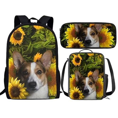 Amzbeauty Fox Rucksack und Lunchbox für Kinder Jungen Mädchen Rucksack für Grundschule 3 in 1 Back to School Sets, Corgi von Amzbeauty