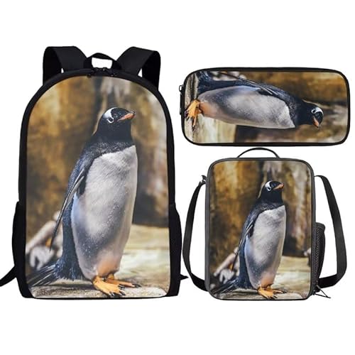 Amzbeauty Fox Rucksack und Lunchbox für Kinder Jungen Mädchen Rucksack für Grundschule 3 in 1 Back to School Sets, pinguin von Amzbeauty